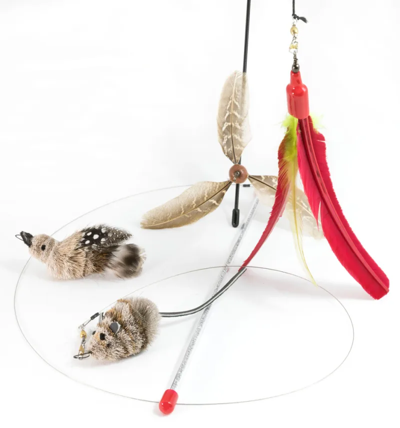 Da Bird feather wand toy bundle from Chris the Cat showing two different lure types - an interactive gift for a cat lover's active cat