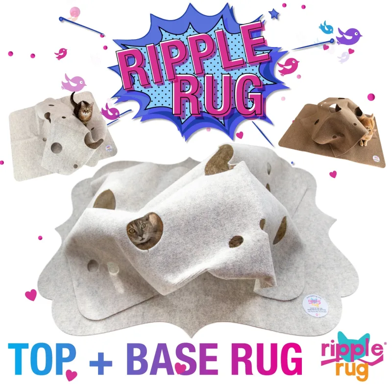 Ripple Rug two-layer activity mat for cats in oatmeal color showing folds and a tunnel opening - a premium gift for a cat lover's active cat
